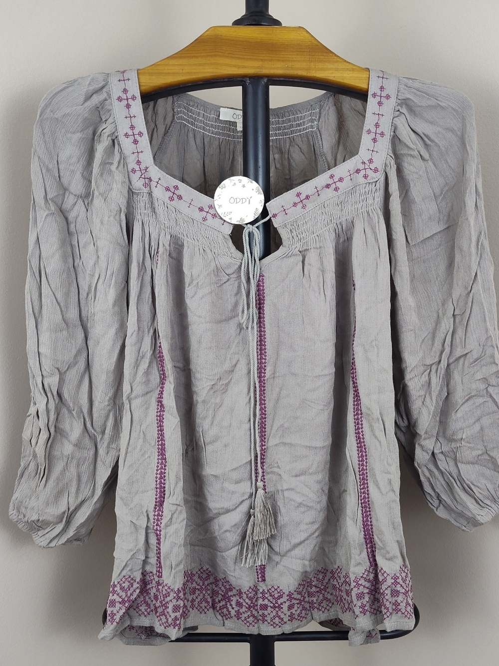 ODDI Women's Light Gray Embroidered Tunic Top with Lavender Accents